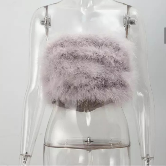 🎉New Arrival Sexy Light Gray Crop Ostrich Feather Tube Style Top - Medium - Picture 11 of 13